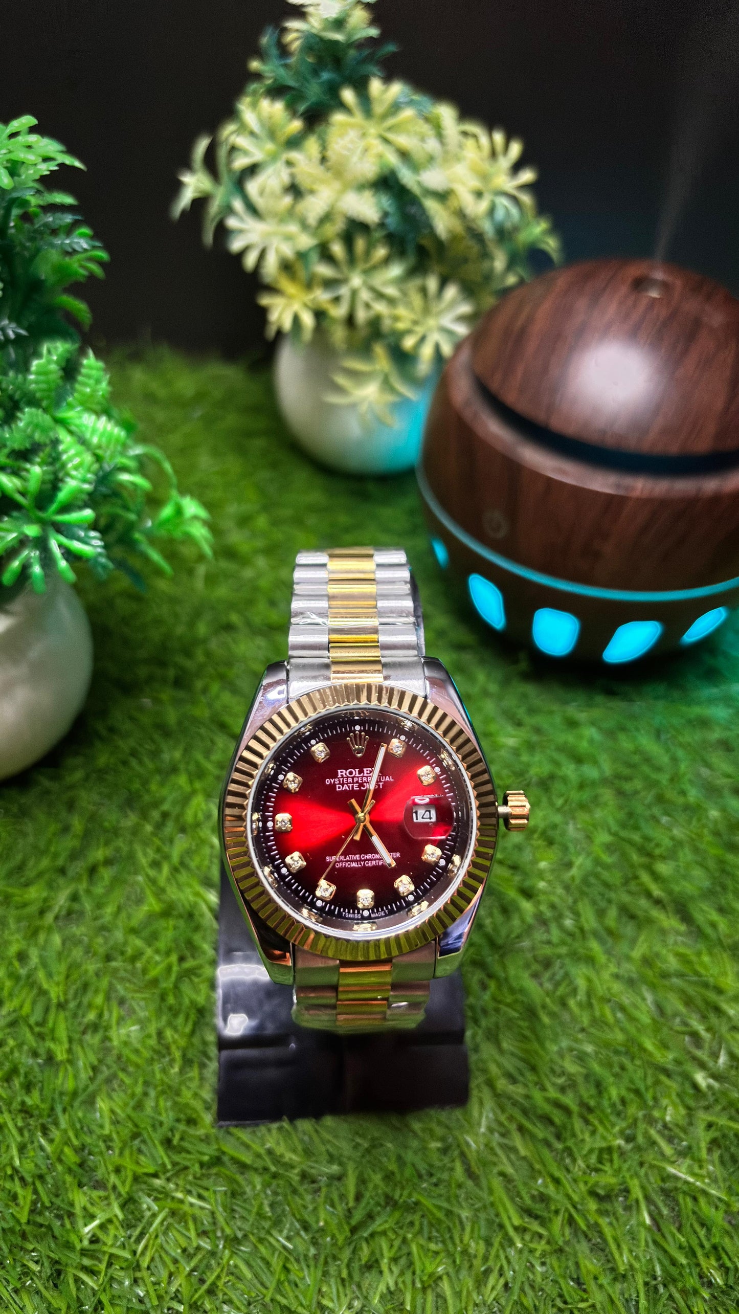 Rolex Premium Watch – Red Dial | Gold & White Chain