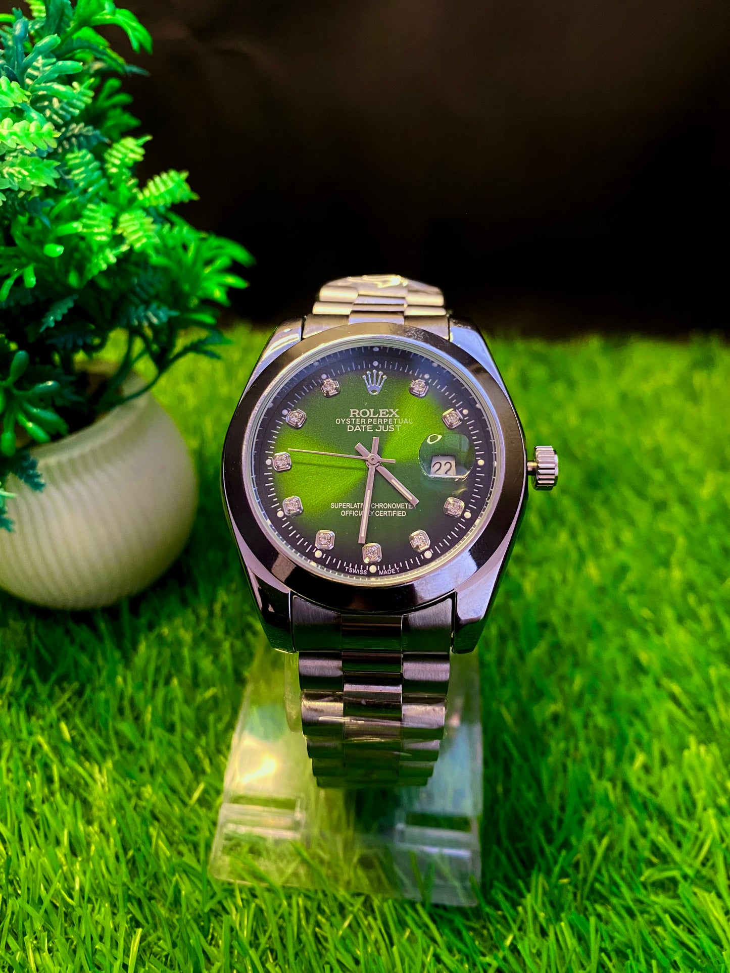 Rolex Premium Watch – Green Dial | Silver Chain