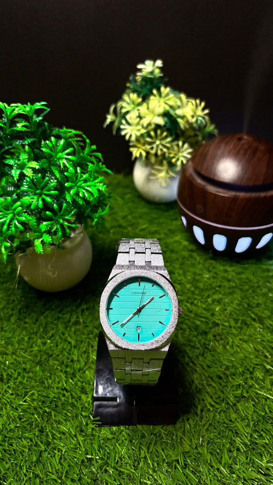 Calvin Klein Silver Metallic Watch with Turquoise Dial