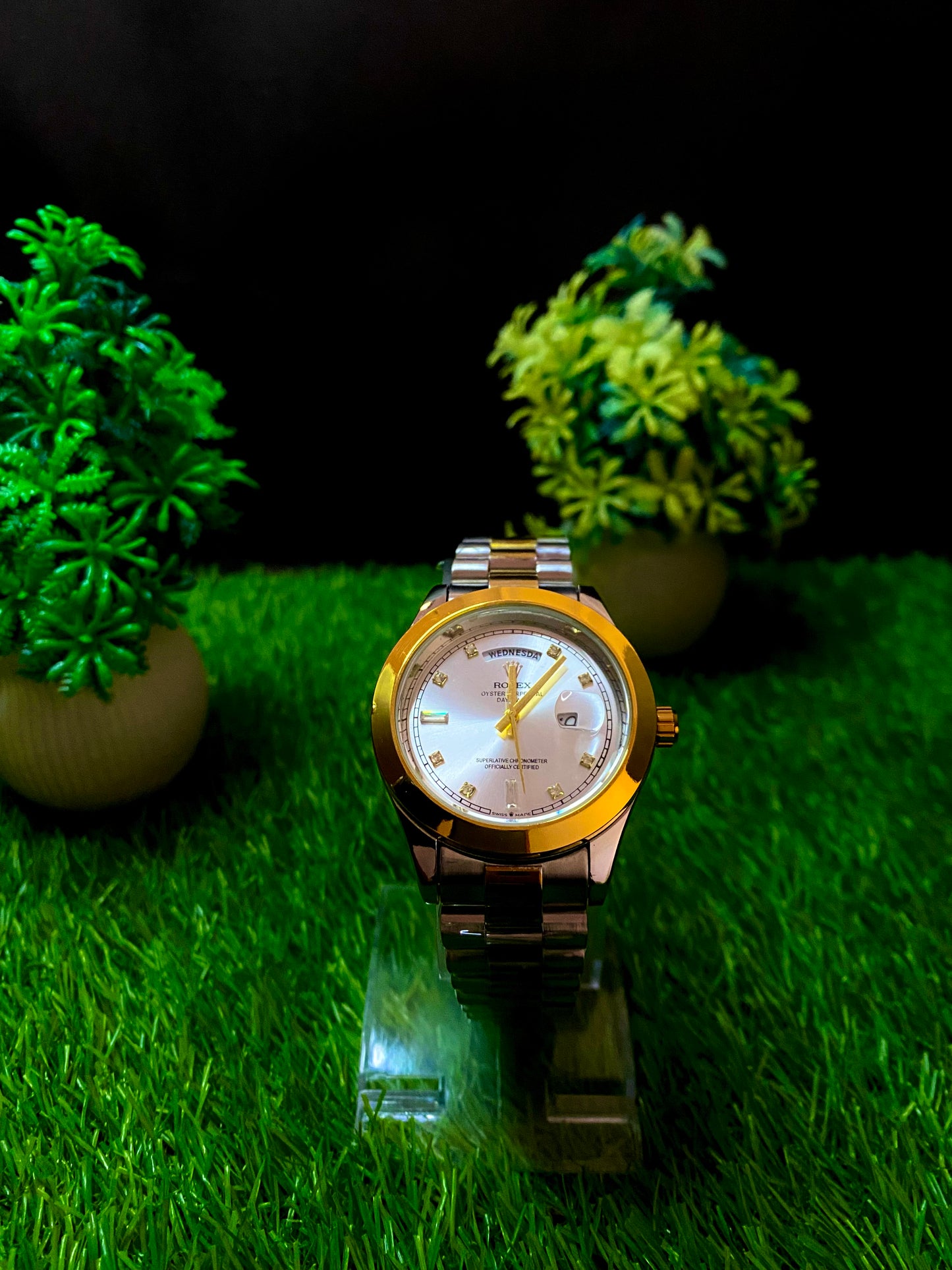 Rolex Premium Watch – White Dial | Silver & Gold Chain