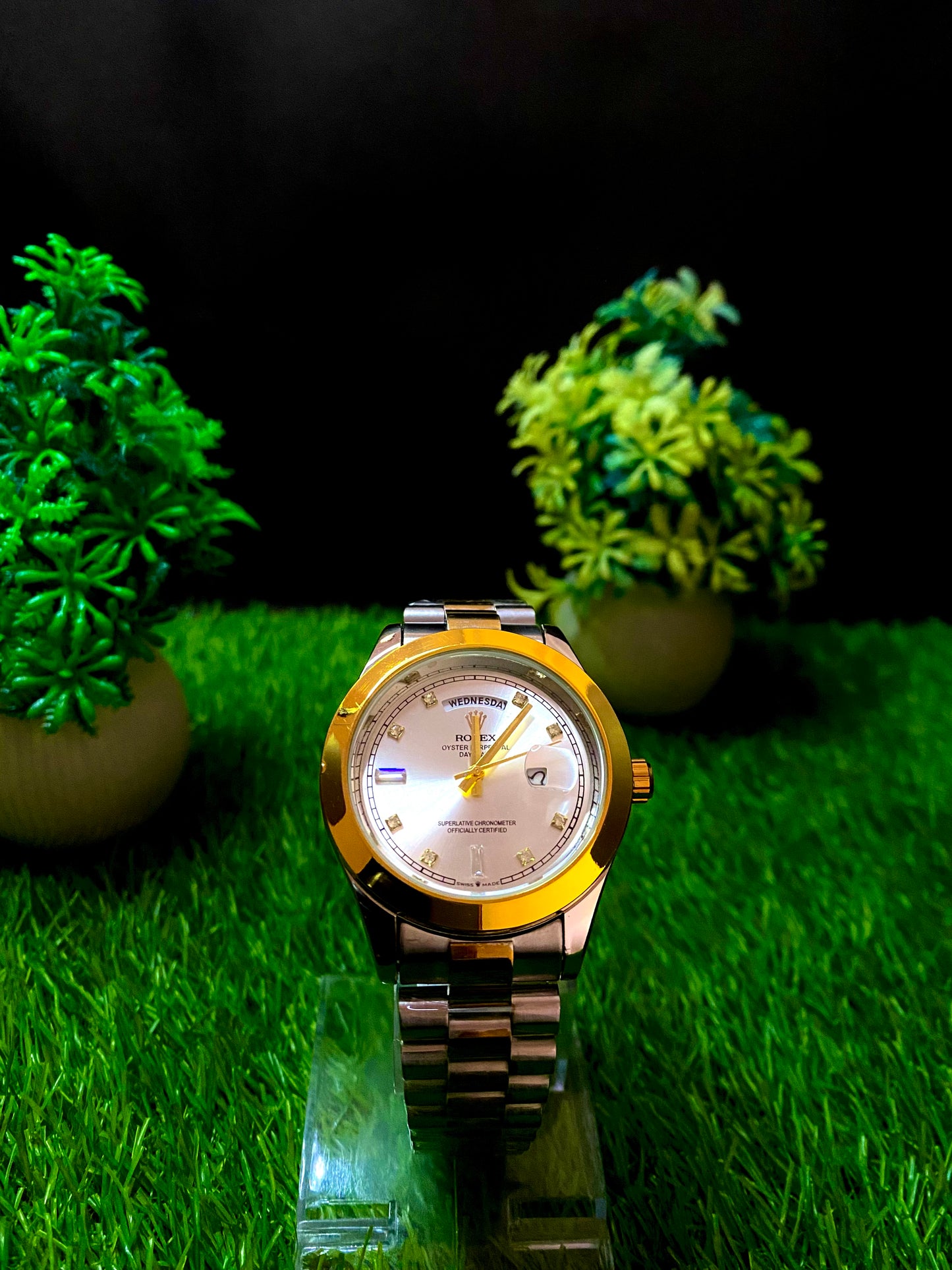 Rolex Premium Watch – White Dial | Silver & Gold Chain