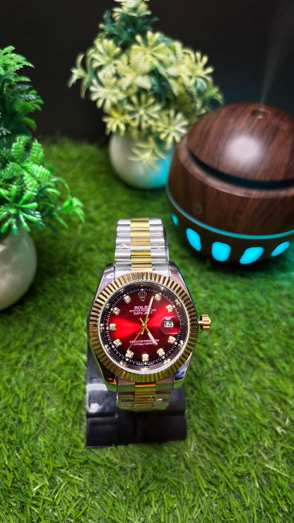 Rolex Premium Watch – Red Dial | Gold & White Chain