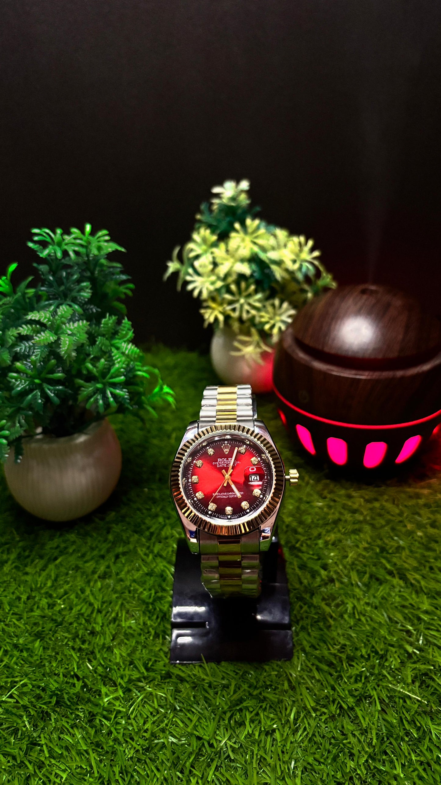 Rolex Premium Watch – Red Dial | Gold & White Chain