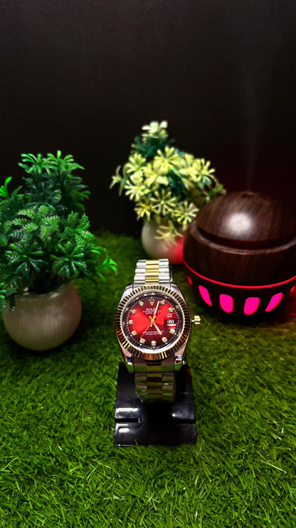 Rolex Premium Watch – Red Dial | Gold & White Chain