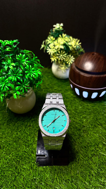 Calvin Klein Silver Metallic Watch with Turquoise Dial